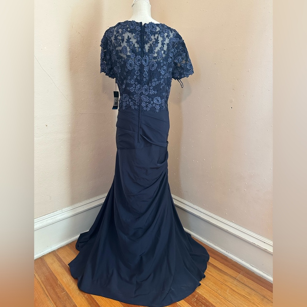 La Femme Navy Blue Maxi Dress with Lace Sleeves - Picture 6 of 8